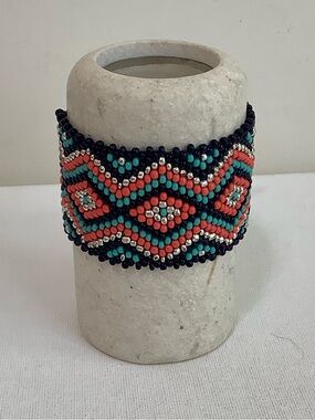 Coral, Teal & Navy Beaded Wide Cuff Bracelet